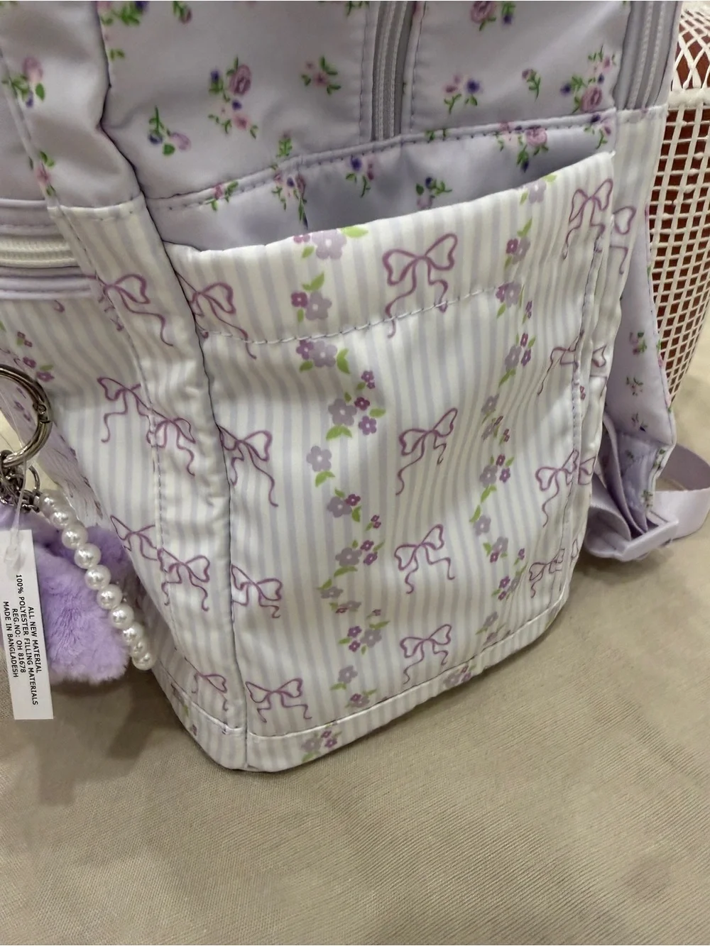 RARE & hard find Madden Girl Purple Bow Striped/Ditsy Dome Backpack with/ Charms